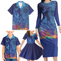 Fijian Tribal Manta Ray Family Matching Long Sleeve Bodycon Dress and Hawaiian Shirt Masi Motif with Coral Reef Ocean Vibe LT03 - Polynesian Pride