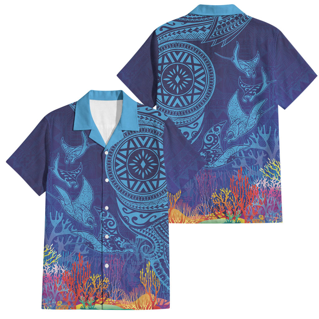 Fijian Tribal Manta Ray Family Matching Off Shoulder Short Dress and Hawaiian Shirt Masi Motif with Coral Reef Ocean Vibe LT03 Dad's Shirt - Short Sleeve Blue - Polynesian Pride