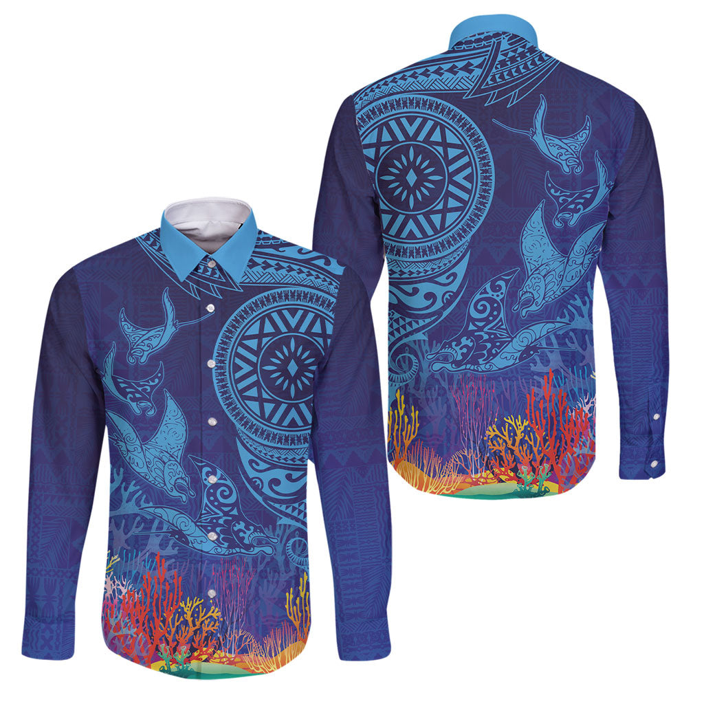 Fijian Tribal Manta Ray Family Matching Short Sleeve Bodycon Dress and Hawaiian Shirt Masi Motif with Coral Reef Ocean Vibe LT03 Dad's Shirt - Long Sleeve Blue - Polynesian Pride