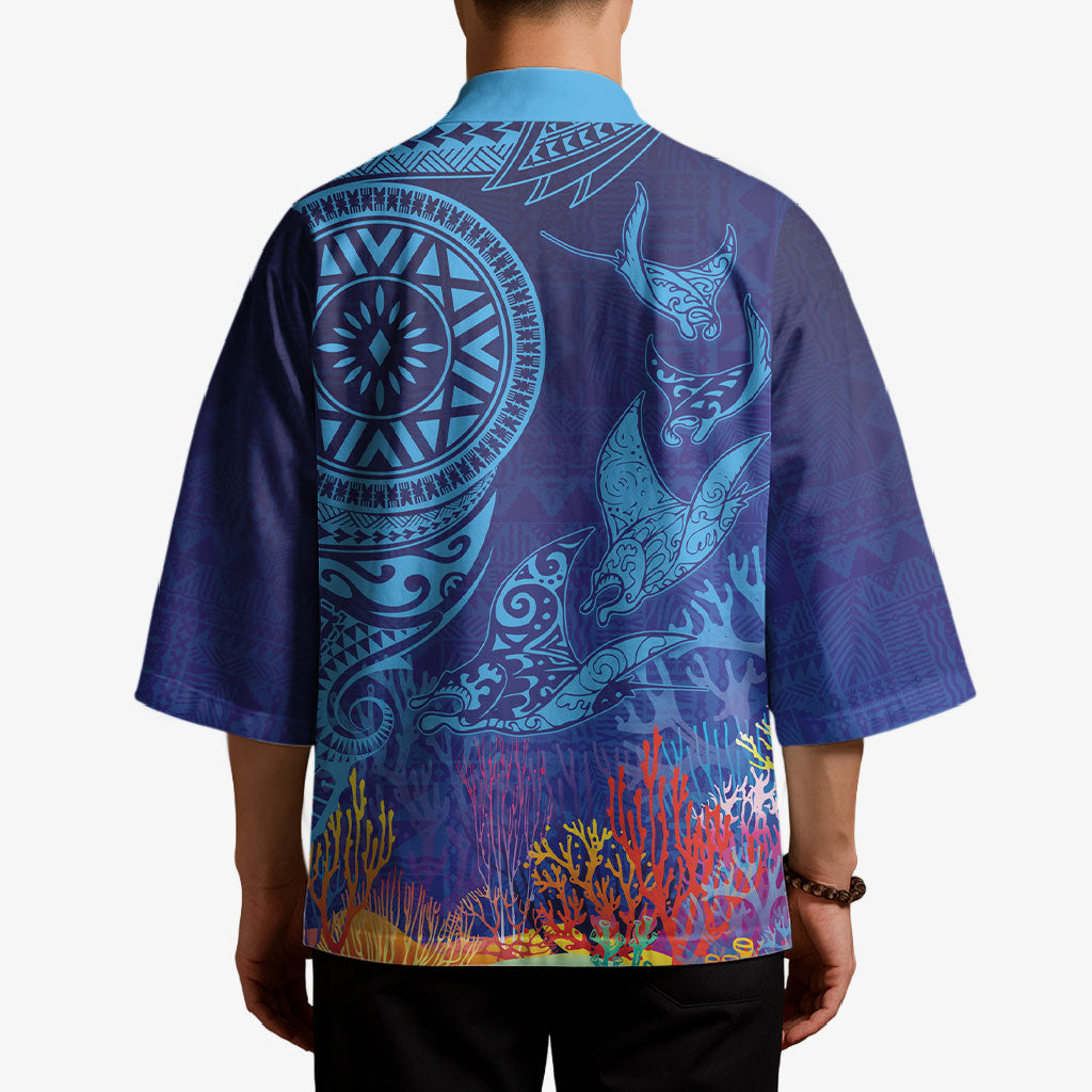 Fijian Tribal Manta Ray Kimono Masi Motif with Coral Reef Ocean Vibe LT03 - Polynesian Pride