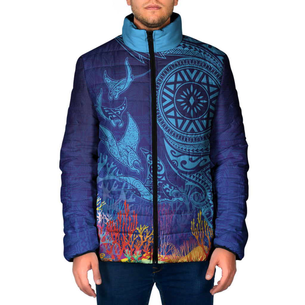 Fijian Tribal Manta Ray Padded Jacket Masi Motif with Coral Reef Ocean Vibe