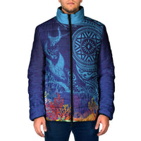 Fijian Tribal Manta Ray Padded Jacket Masi Motif with Coral Reef Ocean Vibe