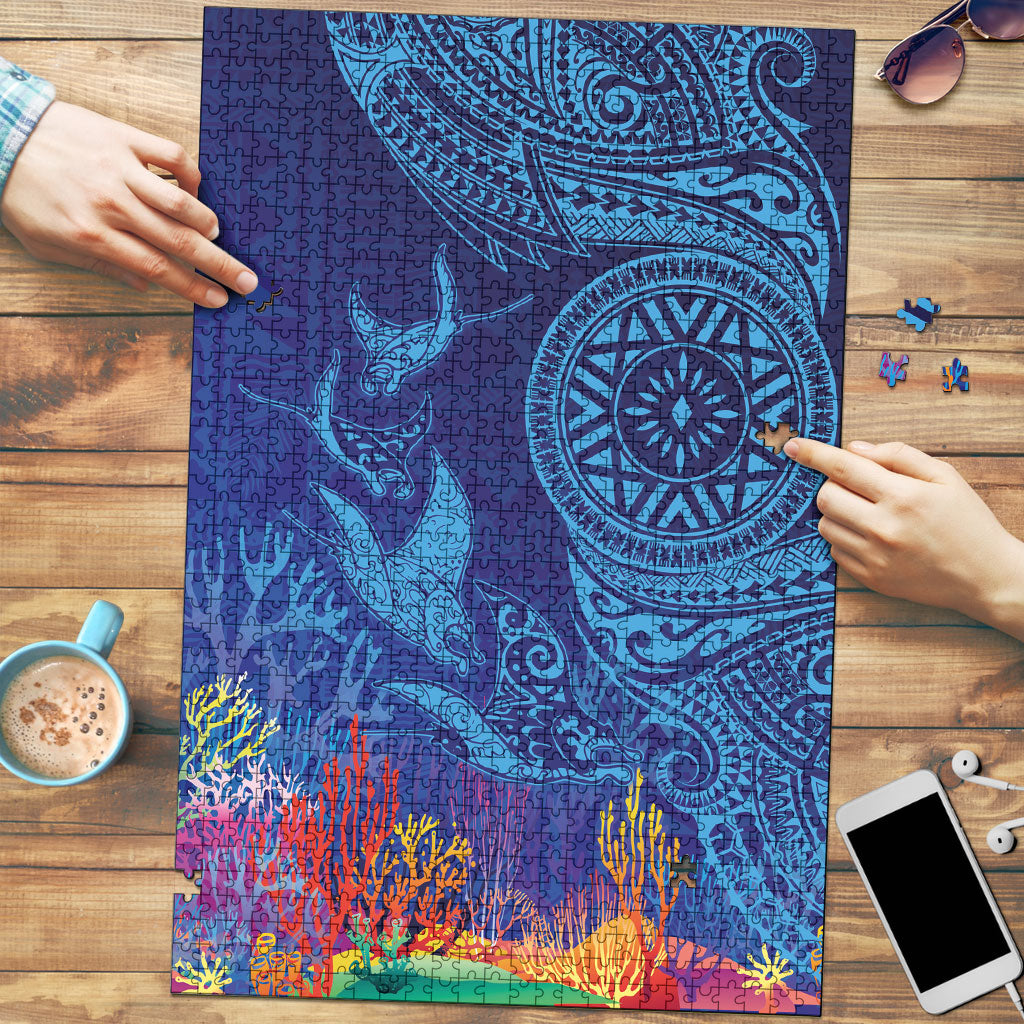 Fijian Tribal Manta Ray Puzzle Masi Motif with Coral Reef Ocean Vibe