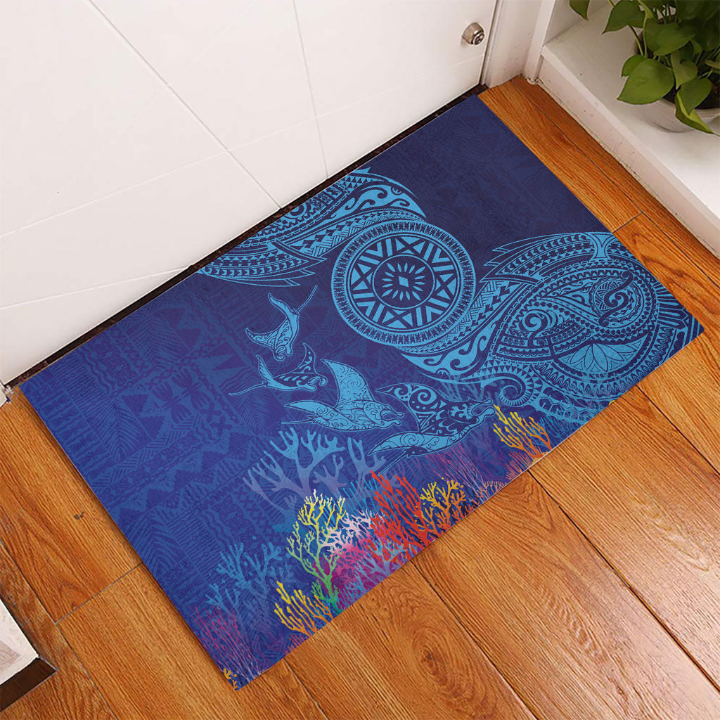 Fijian Tribal Manta Ray Rubber Doormat Masi Motif with Coral Reef Ocean Vibe LT03 - Polynesian Pride