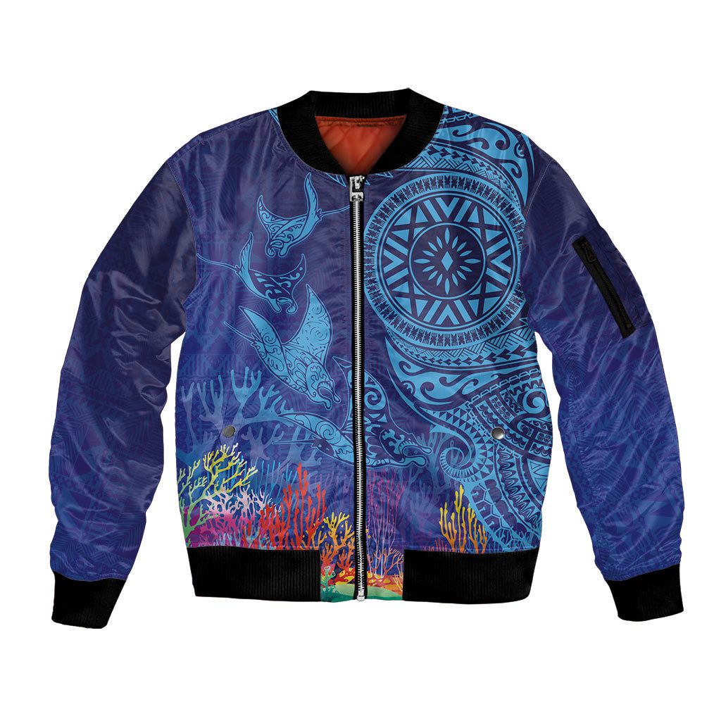 Fijian Tribal Manta Ray Sleeve Zip Bomber Jacket Masi Motif with Coral Reef Ocean Vibe