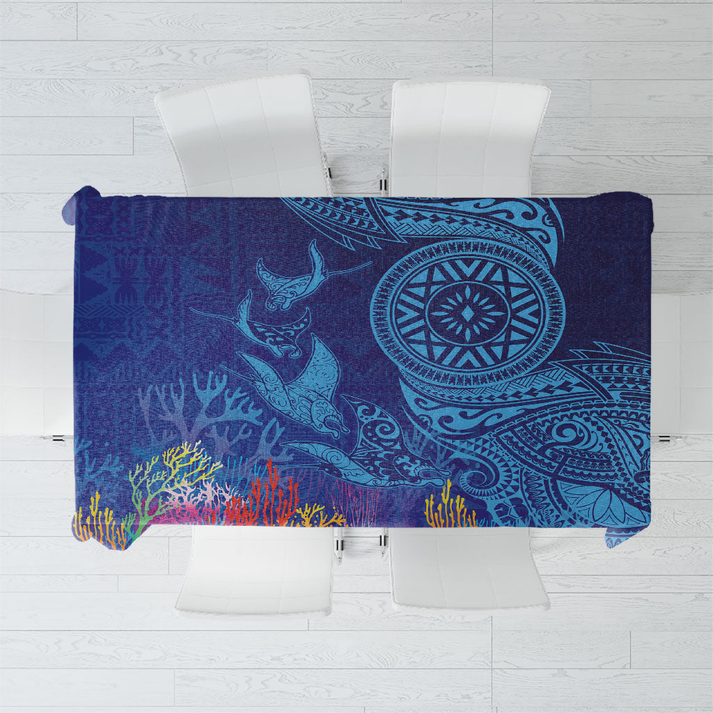Fijian Tribal Manta Ray Tablecloth Masi Motif with Coral Reef Ocean Vibe