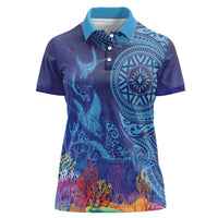 Fijian Tribal Manta Ray Women Polo Shirt Masi Motif with Coral Reef Ocean Vibe LT03 Female Blue - Polynesian Pride