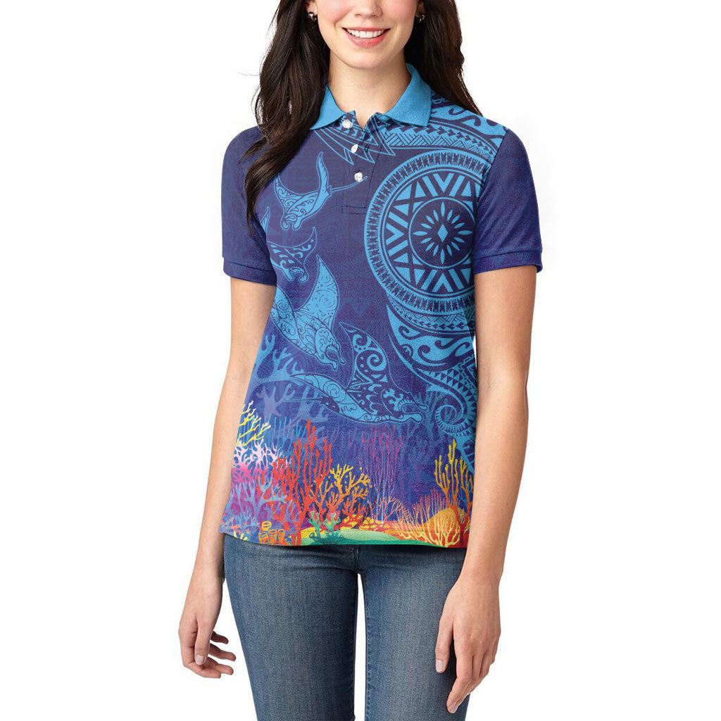 Fijian Tribal Manta Ray Women Polo Shirt Masi Motif with Coral Reef Ocean Vibe LT03 - Polynesian Pride