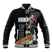 Hawaiian Halloween Skeleton Surfing Baseball Jacket Polynesian Tribal Tattoo and Hawaiian Pattern LT03 Unisex Black - Polynesian Pride
