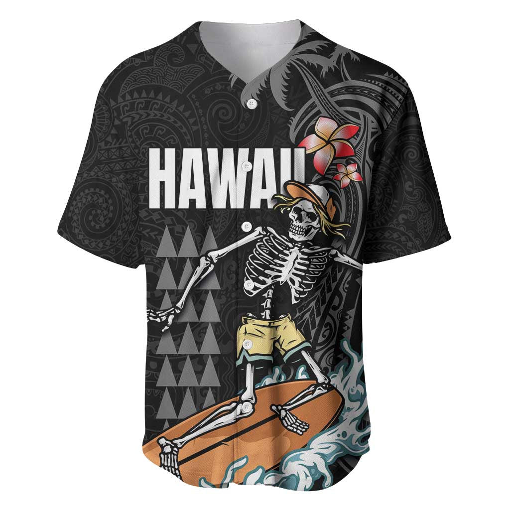 Hawaiian Halloween Skeleton Surfing Baseball Jersey Polynesian Tribal Tattoo and Hawaiian Pattern