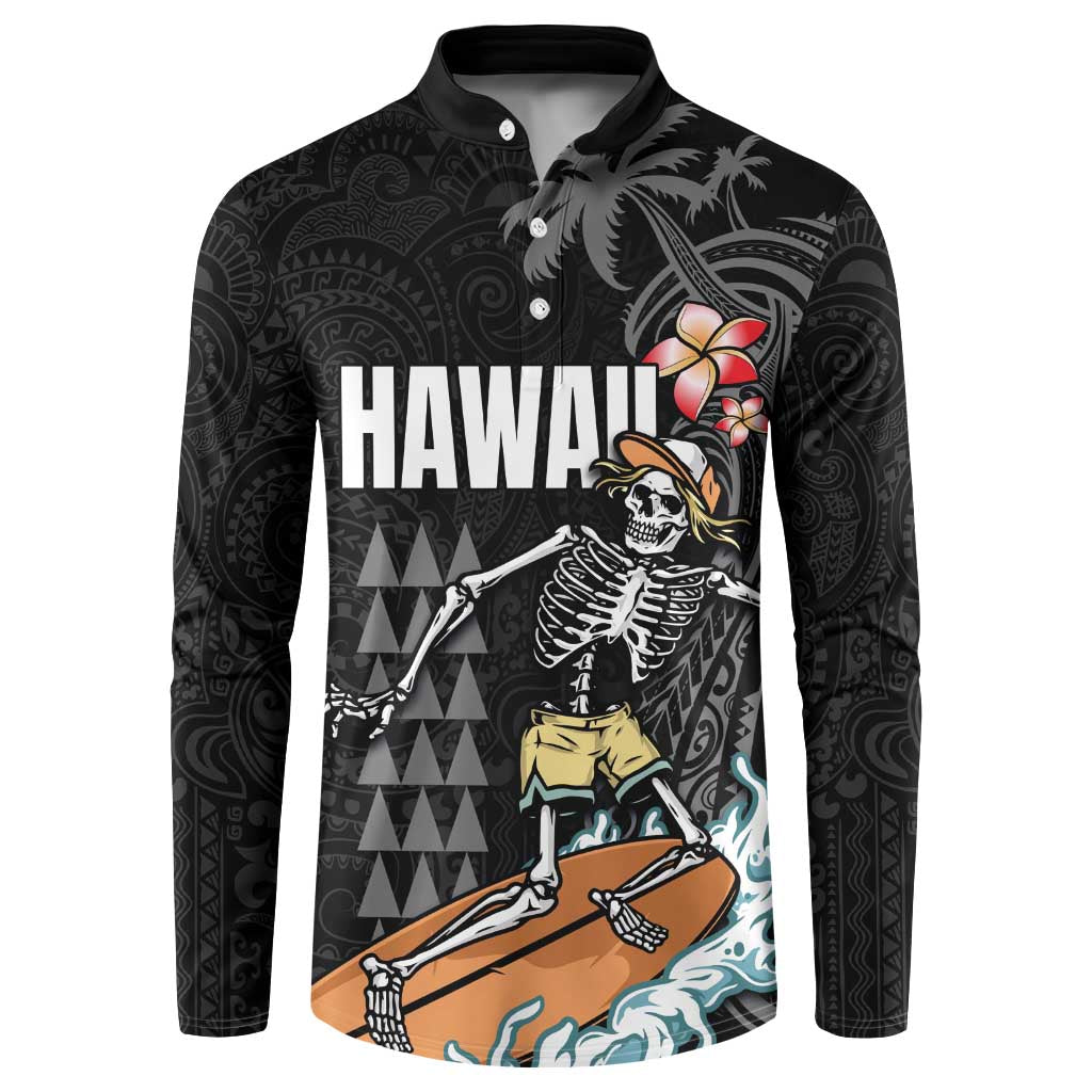 Hawaiian Halloween Skeleton Surfing Button Sweatshirt Polynesian Tribal Tattoo and Hawaiian Pattern LT03 Black - Polynesian Pride