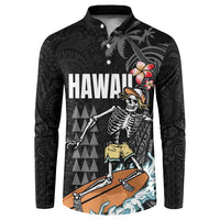 Hawaiian Halloween Skeleton Surfing Button Sweatshirt Polynesian Tribal Tattoo and Hawaiian Pattern LT03 Black - Polynesian Pride