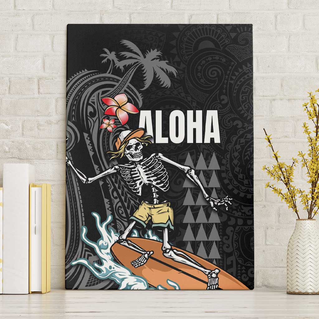 Hawaiian Halloween Skeleton Surfing Canvas Wall Art Polynesian Tribal Tattoo and Hawaiian Pattern LT03 Without Frame Black - Polynesian Pride