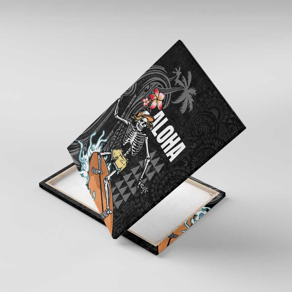 Hawaiian Halloween Skeleton Surfing Canvas Wall Art Polynesian Tribal Tattoo and Hawaiian Pattern LT03 With Frame Black - Polynesian Pride