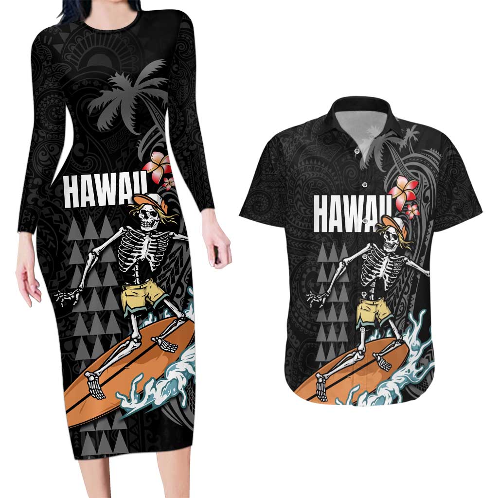 Hawaiian Halloween Skeleton Surfing Couples Matching Long Sleeve Bodycon Dress and Hawaiian Shirt Polynesian Tribal Tattoo and Hawaiian Pattern