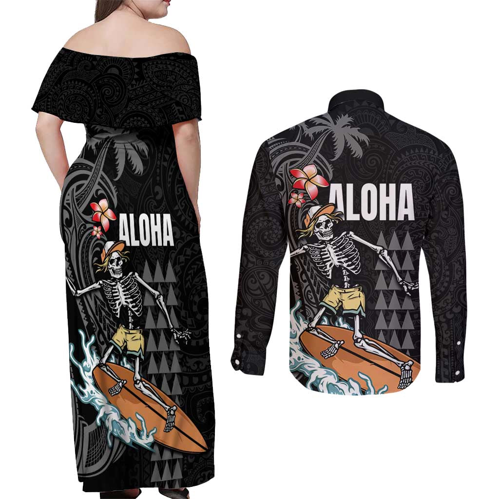 Hawaiian Halloween Skeleton Surfing Couples Matching Off Shoulder Maxi Dress and Long Sleeve Button Shirt Polynesian Tribal Tattoo and Hawaiian Pattern LT03 - Polynesian Pride