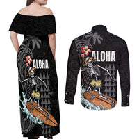 Hawaiian Halloween Skeleton Surfing Couples Matching Off Shoulder Maxi Dress and Long Sleeve Button Shirt Polynesian Tribal Tattoo and Hawaiian Pattern LT03 - Polynesian Pride