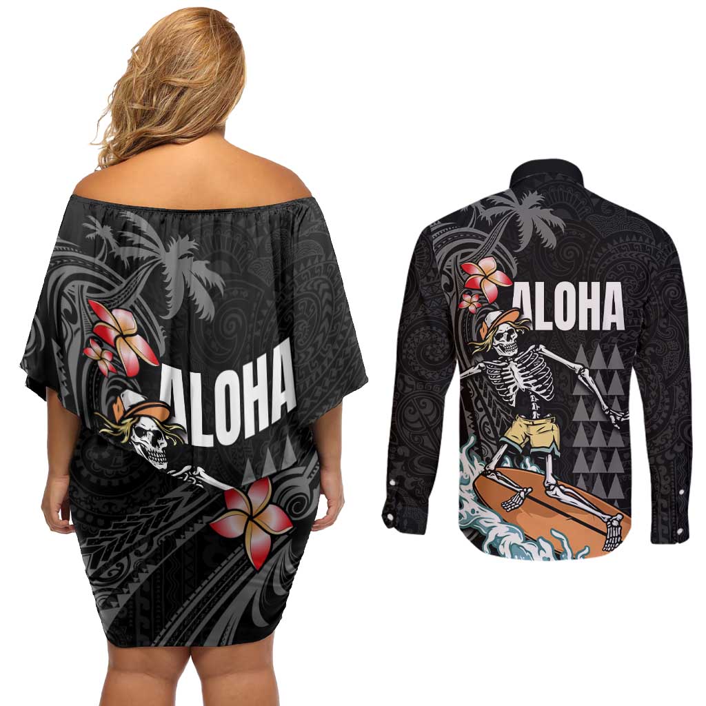 Hawaiian Halloween Skeleton Surfing Couples Matching Off Shoulder Short Dress and Long Sleeve Button Shirt Polynesian Tribal Tattoo and Hawaiian Pattern LT03 - Polynesian Pride