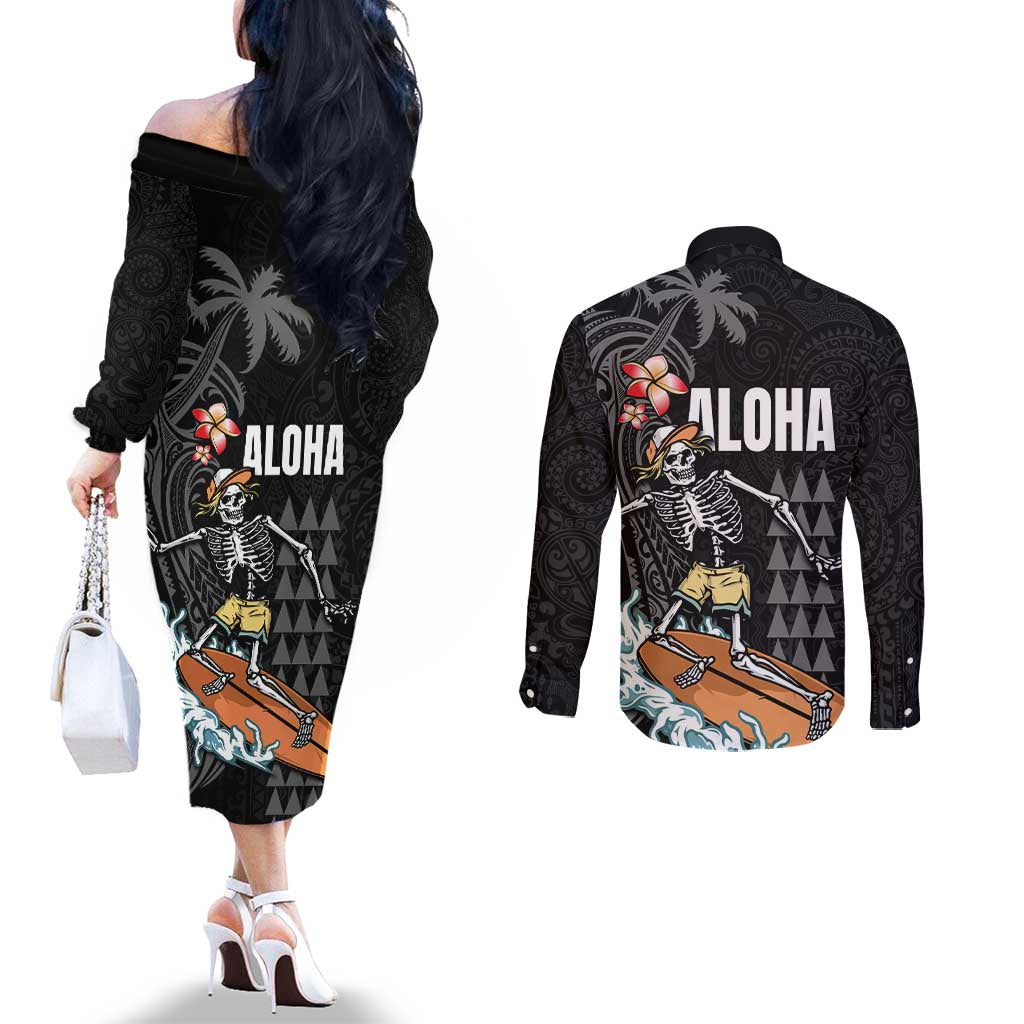 Hawaiian Halloween Skeleton Surfing Couples Matching Off The Shoulder Long Sleeve Dress and Long Sleeve Button Shirt Polynesian Tribal Tattoo and Hawaiian Pattern