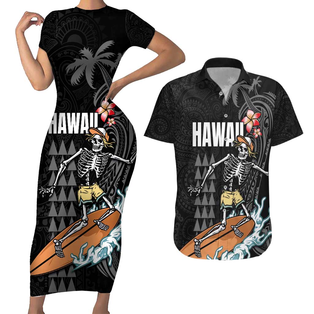 Hawaiian Halloween Skeleton Surfing Couples Matching Short Sleeve Bodycon Dress and Hawaiian Shirt Polynesian Tribal Tattoo and Hawaiian Pattern LT03 Black - Polynesian Pride