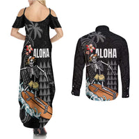 Hawaiian Halloween Skeleton Surfing Couples Matching Summer Maxi Dress and Long Sleeve Button Shirt Polynesian Tribal Tattoo and Hawaiian Pattern LT03 - Polynesian Pride