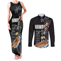 Hawaiian Halloween Skeleton Surfing Couples Matching Tank Maxi Dress and Long Sleeve Button Shirt Polynesian Tribal Tattoo and Hawaiian Pattern LT03 Black - Polynesian Pride