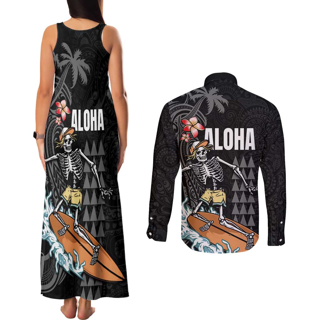 Hawaiian Halloween Skeleton Surfing Couples Matching Tank Maxi Dress and Long Sleeve Button Shirt Polynesian Tribal Tattoo and Hawaiian Pattern LT03 - Polynesian Pride