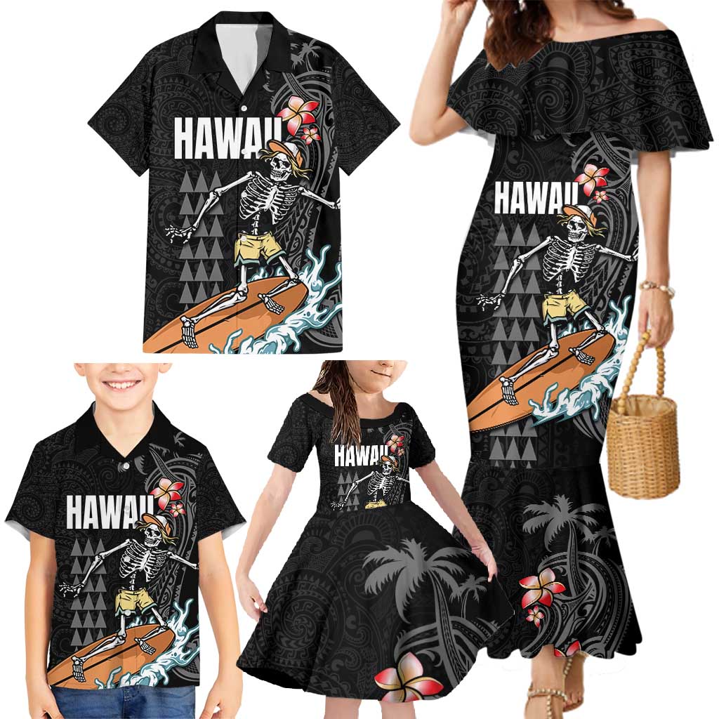 Hawaiian Halloween Skeleton Surfing Family Matching Mermaid Dress and Hawaiian Shirt Polynesian Tribal Tattoo and Hawaiian Pattern