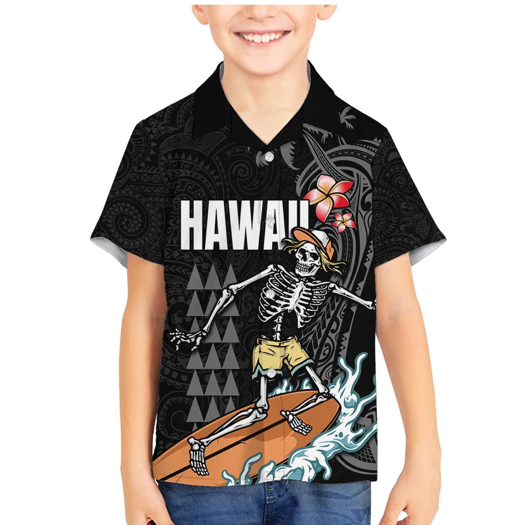 Hawaiian Halloween Skeleton Surfing Family Matching Mermaid Dress and Hawaiian Shirt Polynesian Tribal Tattoo and Hawaiian Pattern
