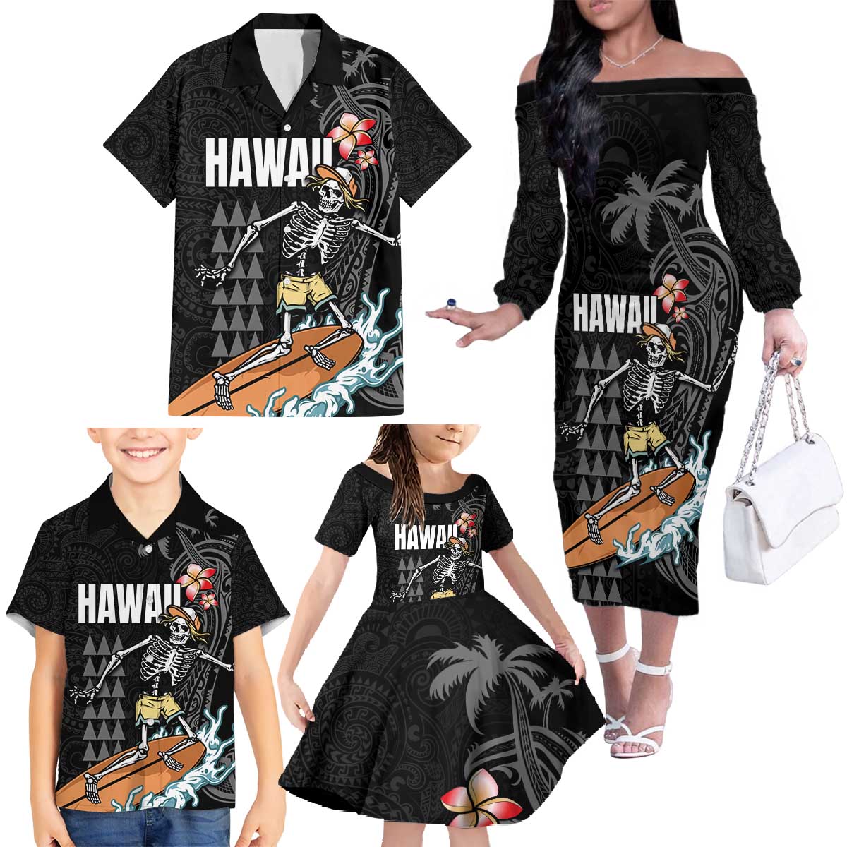 Hawaiian Halloween Skeleton Surfing Family Matching Off The Shoulder Long Sleeve Dress and Hawaiian Shirt Polynesian Tribal Tattoo and Hawaiian Pattern