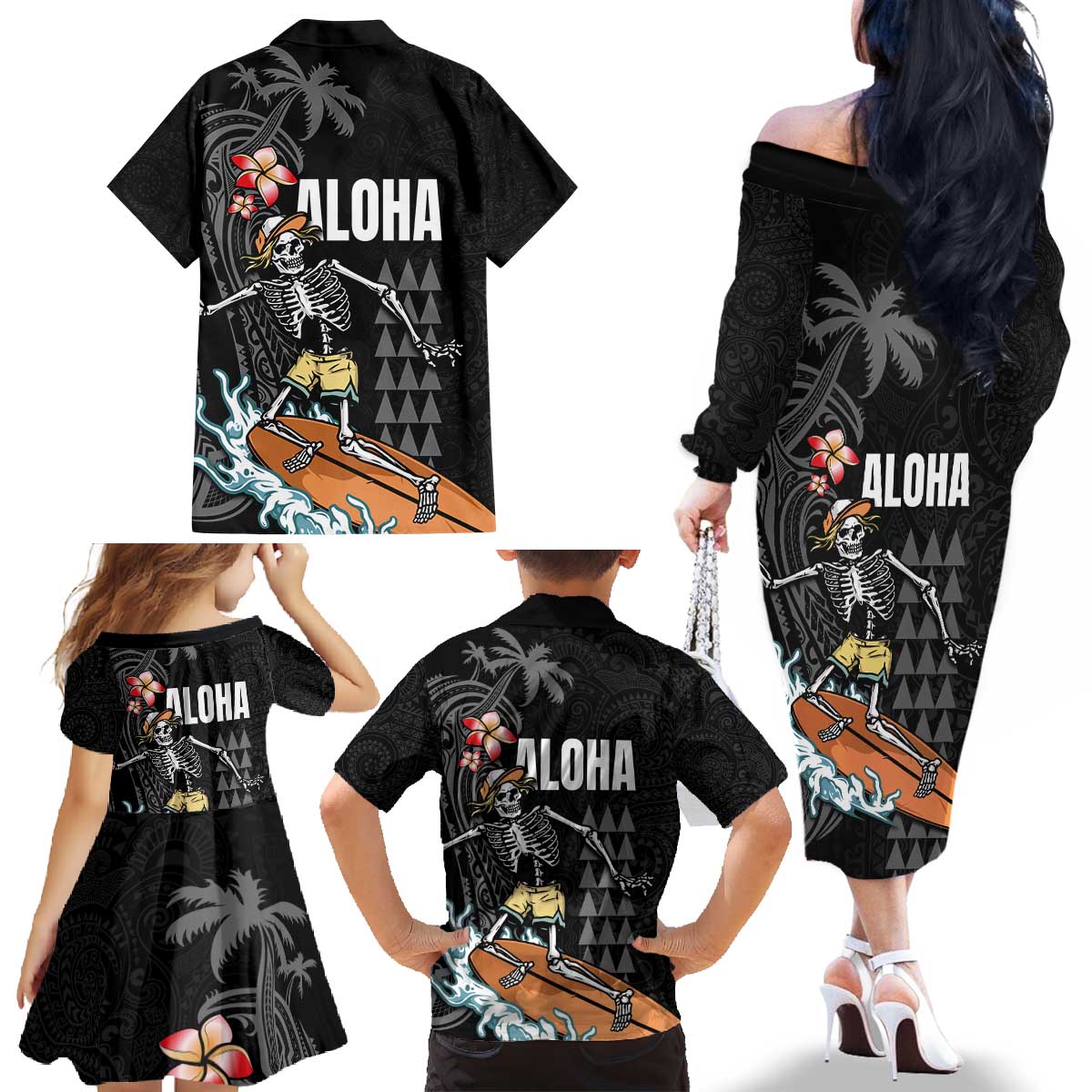 Hawaiian Halloween Skeleton Surfing Family Matching Off The Shoulder Long Sleeve Dress and Hawaiian Shirt Polynesian Tribal Tattoo and Hawaiian Pattern