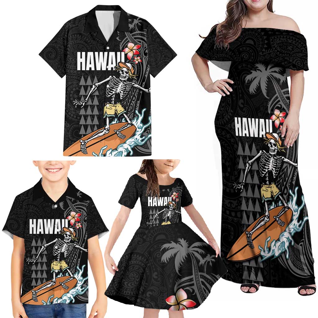 Hawaiian Halloween Skeleton Surfing Family Matching Off Shoulder Maxi Dress and Hawaiian Shirt Polynesian Tribal Tattoo and Hawaiian Pattern