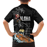 Hawaiian Halloween Skeleton Surfing Family Matching Off Shoulder Short Dress and Hawaiian Shirt Polynesian Tribal Tattoo and Hawaiian Pattern LT03 - Polynesian Pride