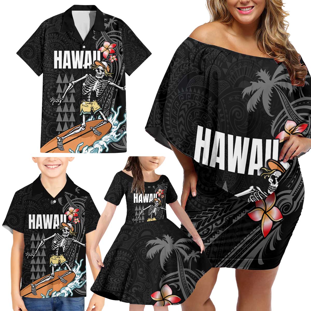 Hawaiian Halloween Skeleton Surfing Family Matching Off Shoulder Short Dress and Hawaiian Shirt Polynesian Tribal Tattoo and Hawaiian Pattern LT03 - Polynesian Pride