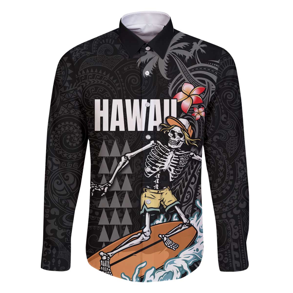 Hawaiian Halloween Skeleton Surfing Family Matching Off Shoulder Short Dress and Hawaiian Shirt Polynesian Tribal Tattoo and Hawaiian Pattern LT03 Dad's Shirt - Long Sleeve Black - Polynesian Pride