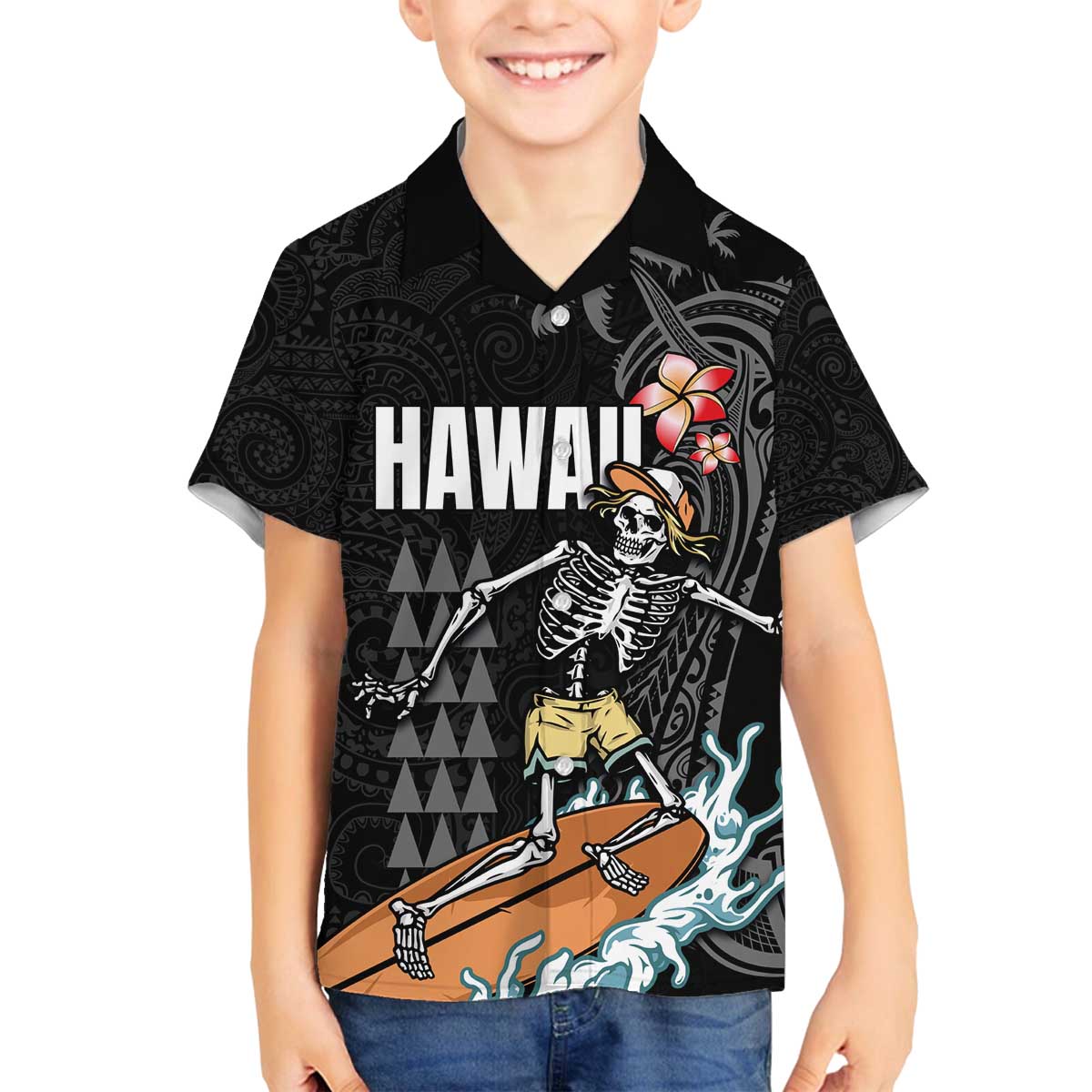 Hawaiian Halloween Skeleton Surfing Family Matching Puletasi and Hawaiian Shirt Polynesian Tribal Tattoo and Hawaiian Pattern