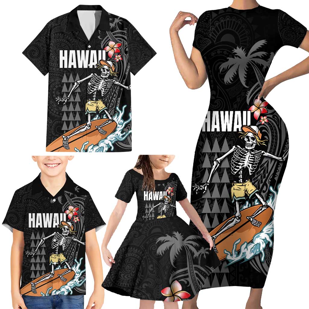 Hawaiian Halloween Skeleton Surfing Family Matching Short Sleeve Bodycon Dress and Hawaiian Shirt Polynesian Tribal Tattoo and Hawaiian Pattern