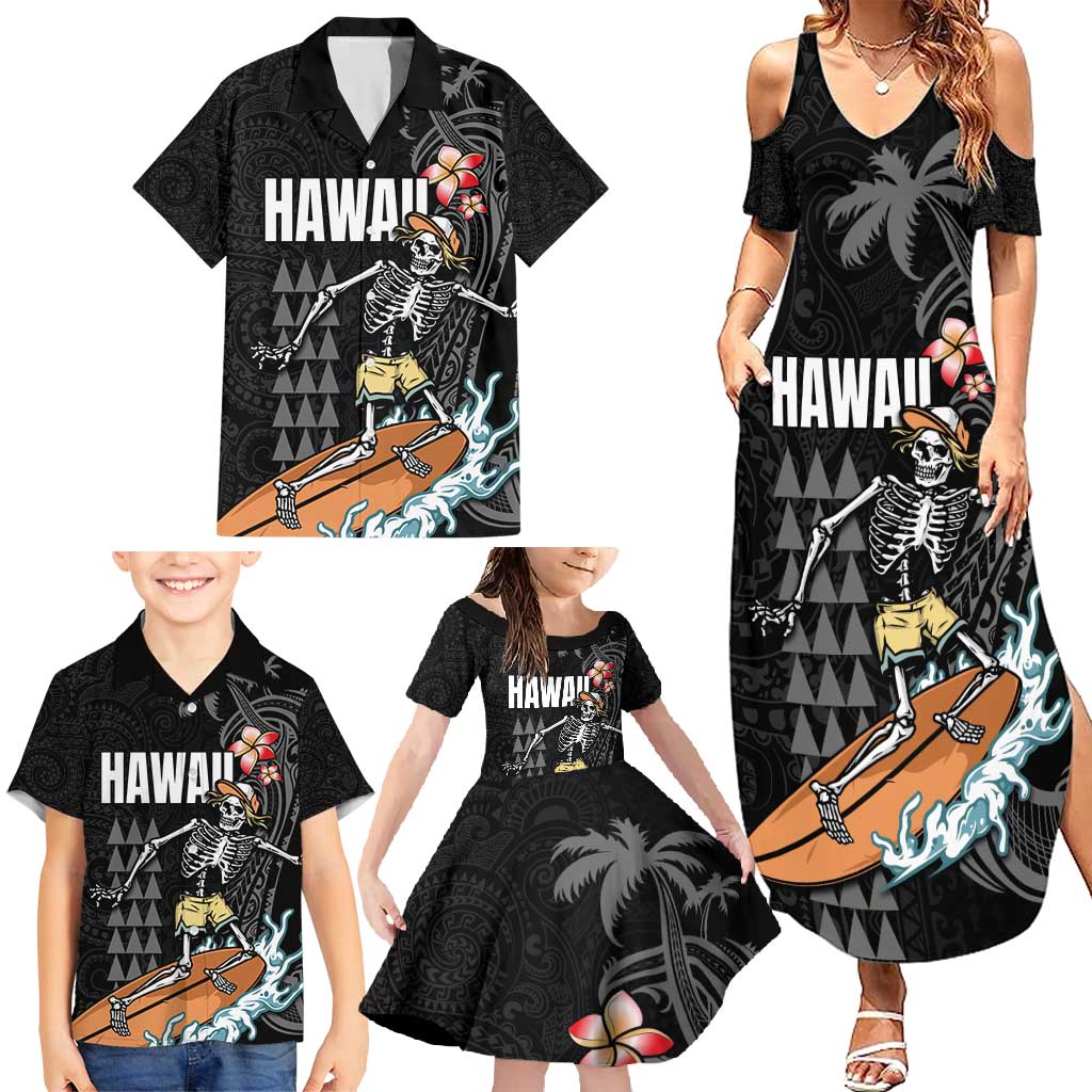 Hawaiian Halloween Skeleton Surfing Family Matching Summer Maxi Dress and Hawaiian Shirt Polynesian Tribal Tattoo and Hawaiian Pattern