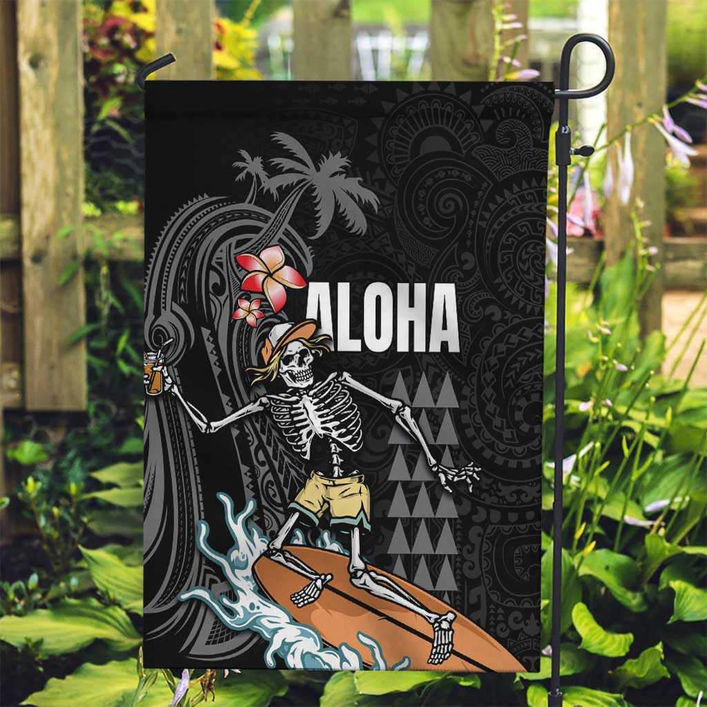 Hawaiian Halloween Skeleton Surfing Garden Flag Polynesian Tribal Tattoo and Hawaiian Pattern LT03 Garden Flag Black - Polynesian Pride