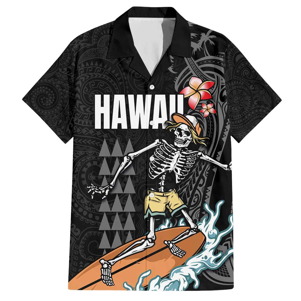 Hawaiian Halloween Skeleton Surfing Hawaiian Shirt Polynesian Tribal Tattoo and Hawaiian Pattern LT03 Black - Polynesian Pride