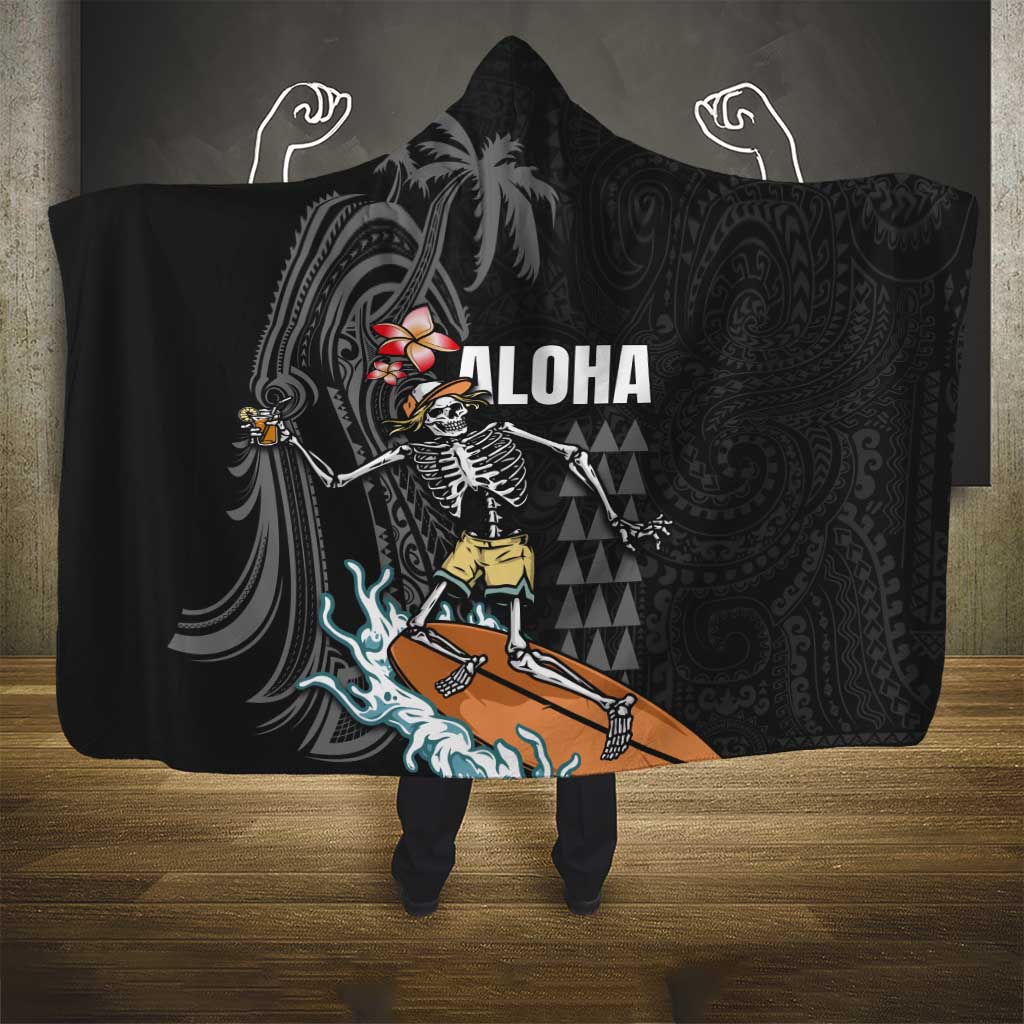 Hawaiian Halloween Skeleton Surfing Hooded Blanket Polynesian Tribal Tattoo and Hawaiian Pattern LT03 - Polynesian Pride