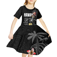 Hawaiian Halloween Skeleton Surfing Kid Short Sleeve Dress Polynesian Tribal Tattoo and Hawaiian Pattern