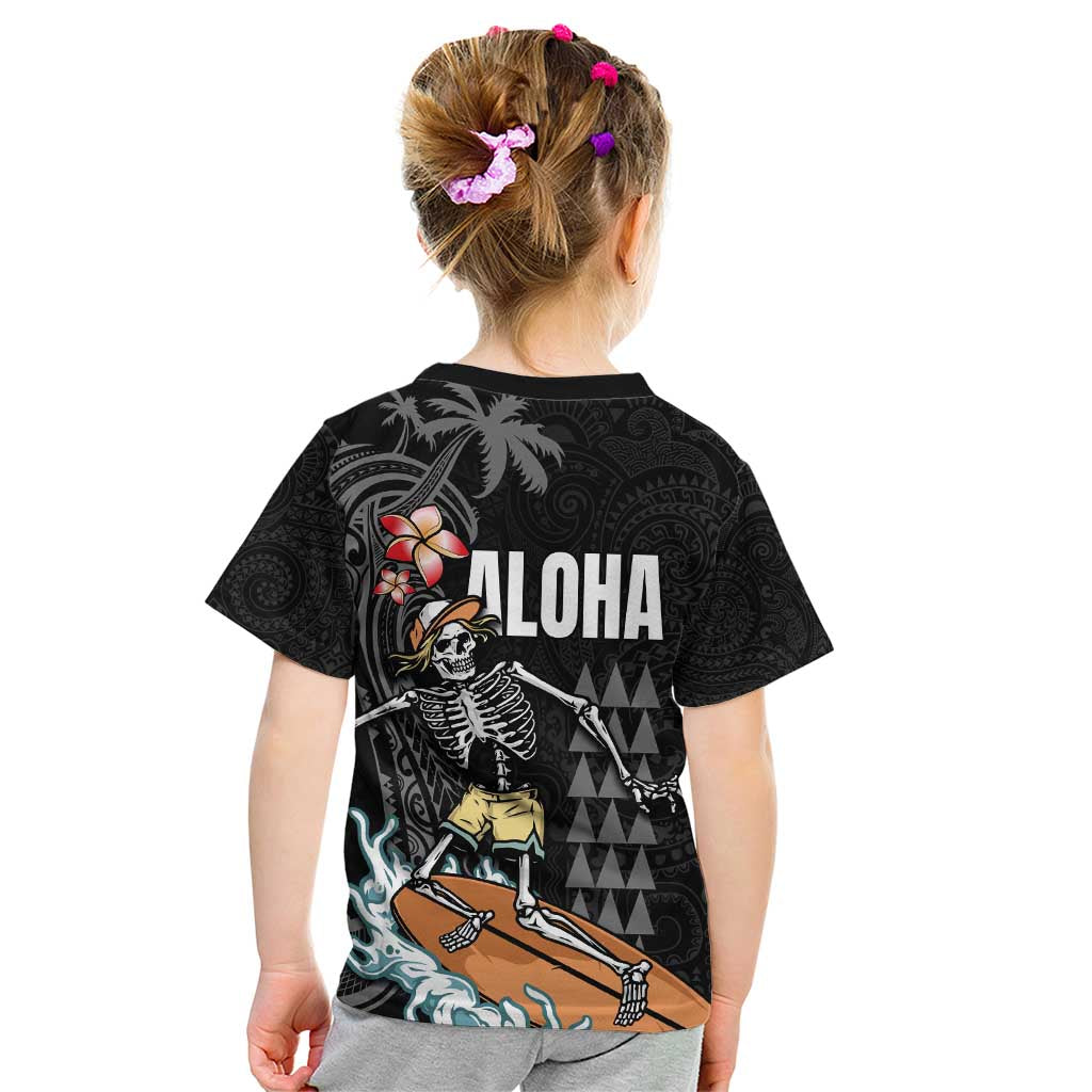 Hawaiian Halloween Skeleton Surfing Kid T Shirt Polynesian Tribal Tattoo and Hawaiian Pattern