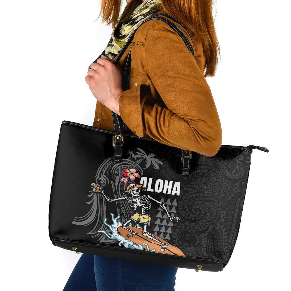 Hawaiian Halloween Skeleton Surfing Leather Tote Bag Polynesian Tribal Tattoo and Hawaiian Pattern