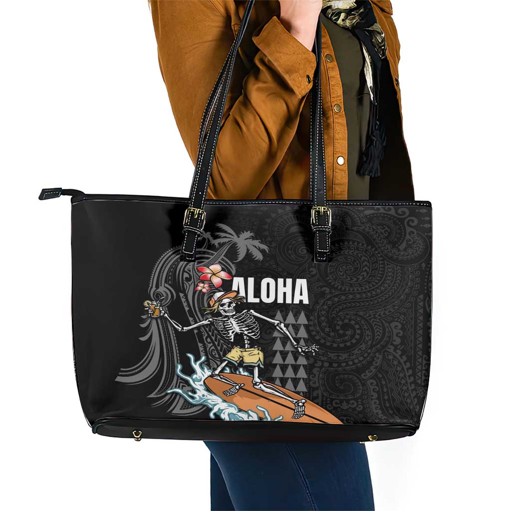 Hawaiian Halloween Skeleton Surfing Leather Tote Bag Polynesian Tribal Tattoo and Hawaiian Pattern LT03 - Polynesian Pride