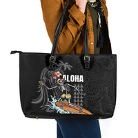 Hawaiian Halloween Skeleton Surfing Leather Tote Bag Polynesian Tribal Tattoo and Hawaiian Pattern LT03 - Polynesian Pride