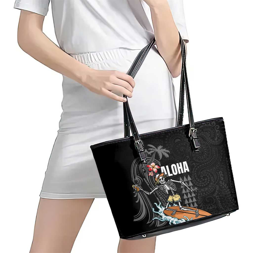 Hawaiian Halloween Skeleton Surfing Leather Tote Bag Polynesian Tribal Tattoo and Hawaiian Pattern LT03 - Polynesian Pride