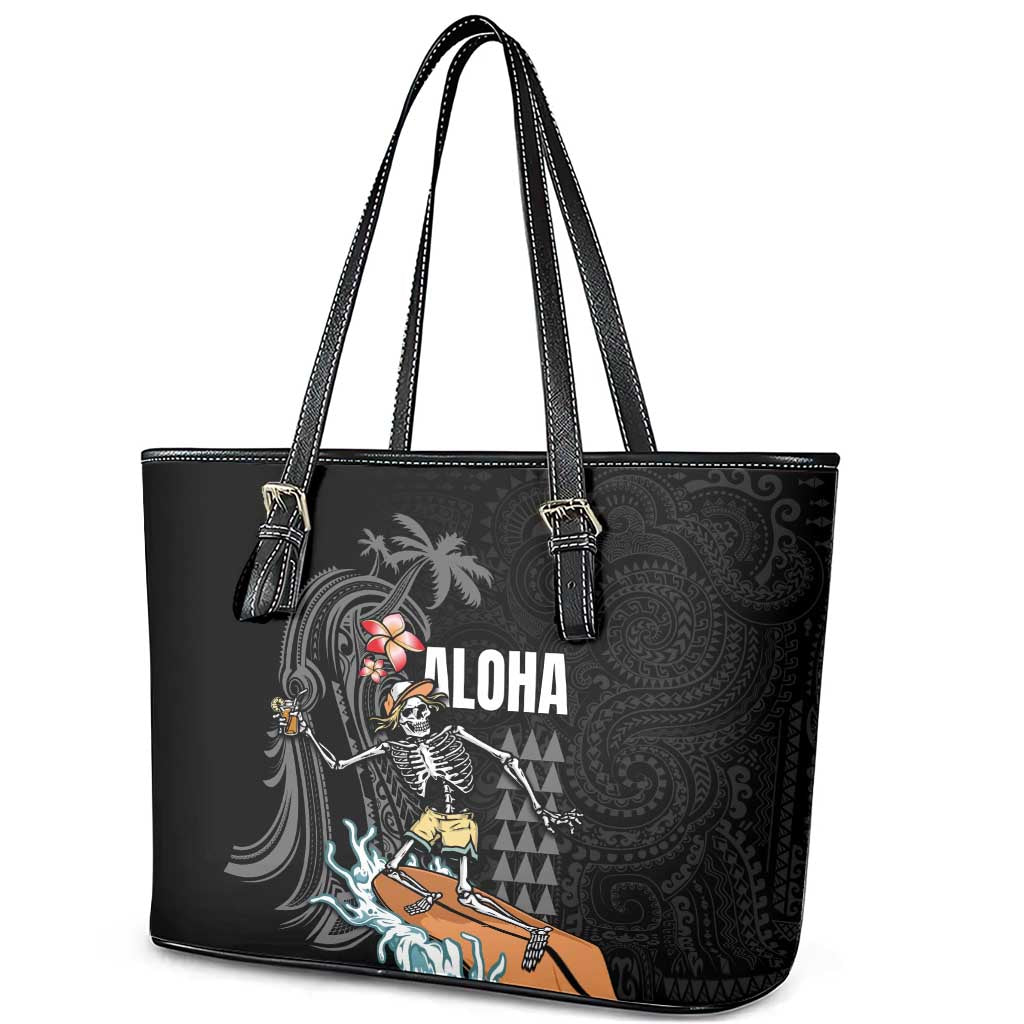 Hawaiian Halloween Skeleton Surfing Leather Tote Bag Polynesian Tribal Tattoo and Hawaiian Pattern LT03 - Polynesian Pride