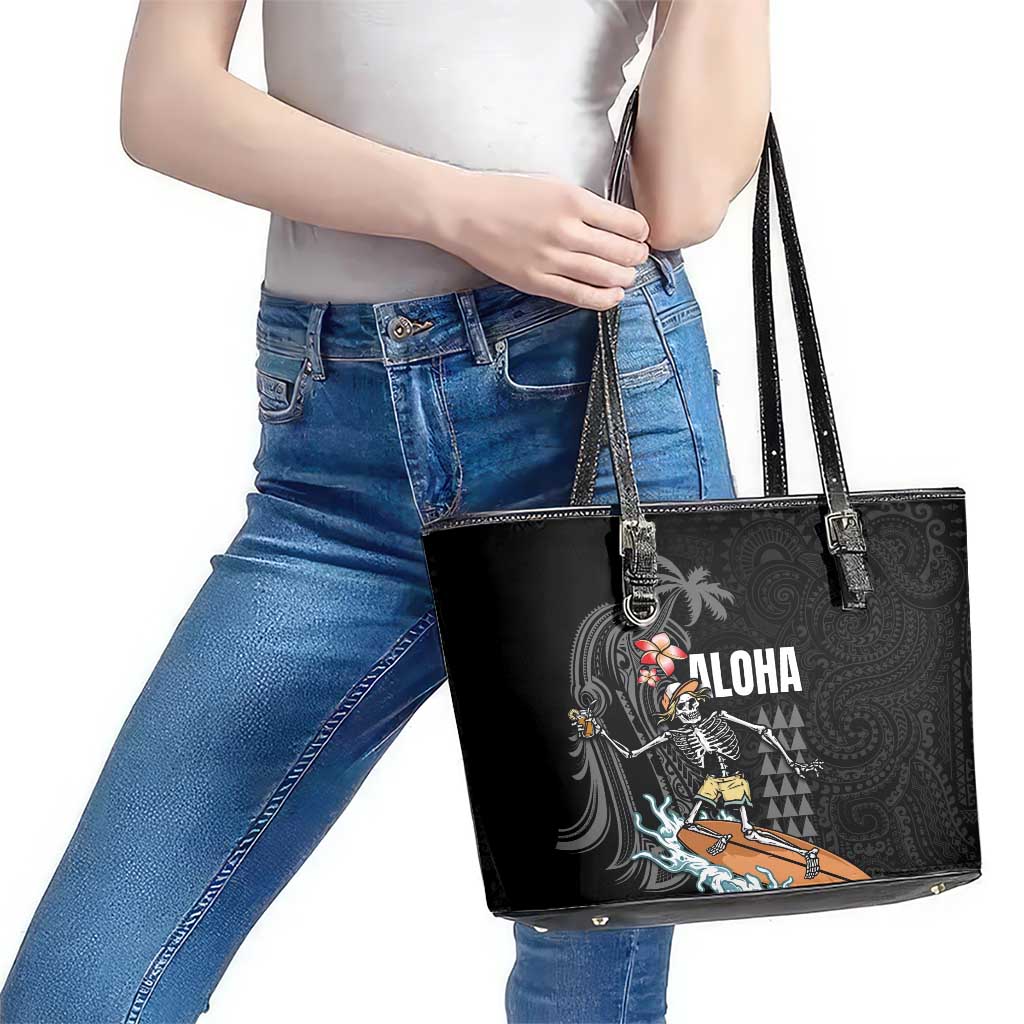 Hawaiian Halloween Skeleton Surfing Leather Tote Bag Polynesian Tribal Tattoo and Hawaiian Pattern LT03 - Polynesian Pride