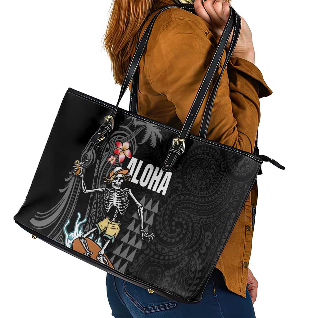 Hawaiian Halloween Skeleton Surfing Leather Tote Bag Polynesian Tribal Tattoo and Hawaiian Pattern LT03 - Polynesian Pride